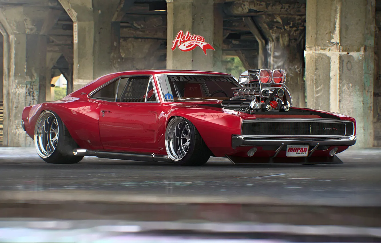 Photo wallpaper Red, Auto, Machine, Dodge, Car, Charger, Rendering, R/T