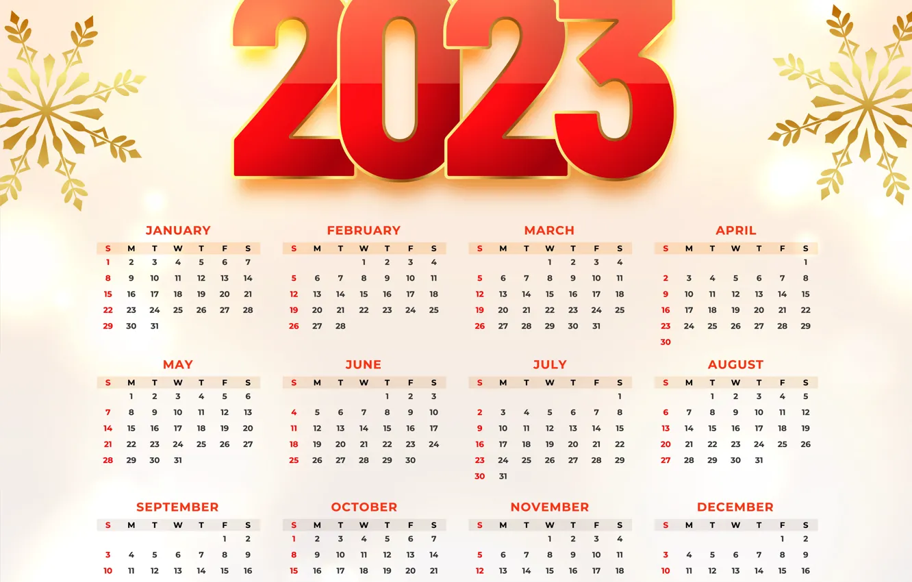 Photo wallpaper snowflakes, red, new year, a month, figures, light background, calendar, days of the week