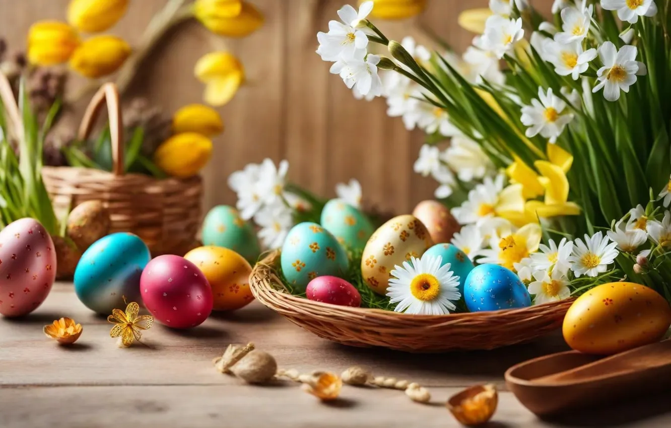 Photo wallpaper flowers, eggs, spring, colorful, Easter, flowers, spring, Easter