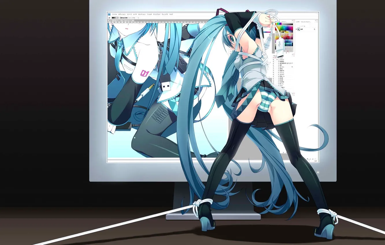 Photo wallpaper wire, rope, monitor, hatsune miku, bow, ponytail