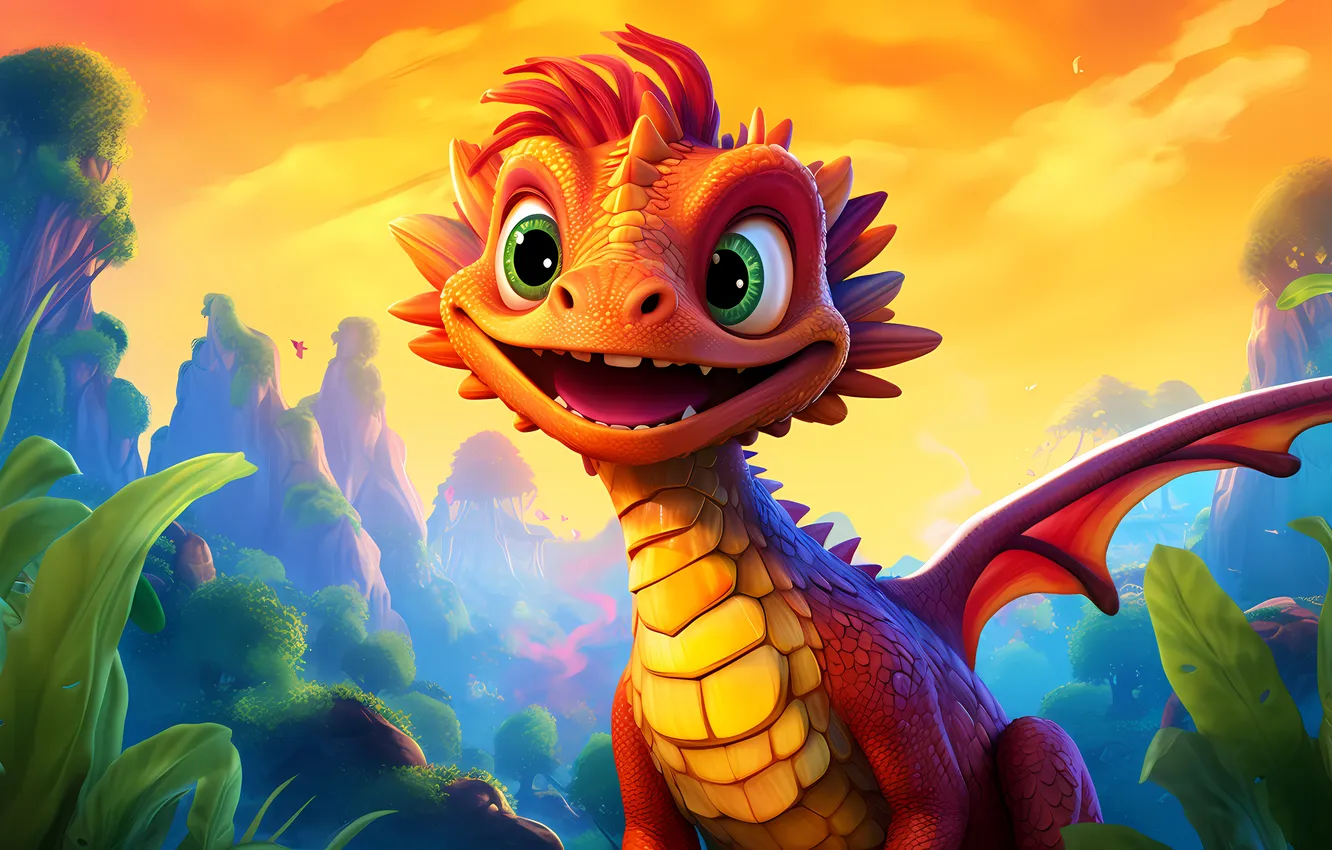 Photo wallpaper look, pose, dragon, fantasy, cub, face, dragon, cartoon