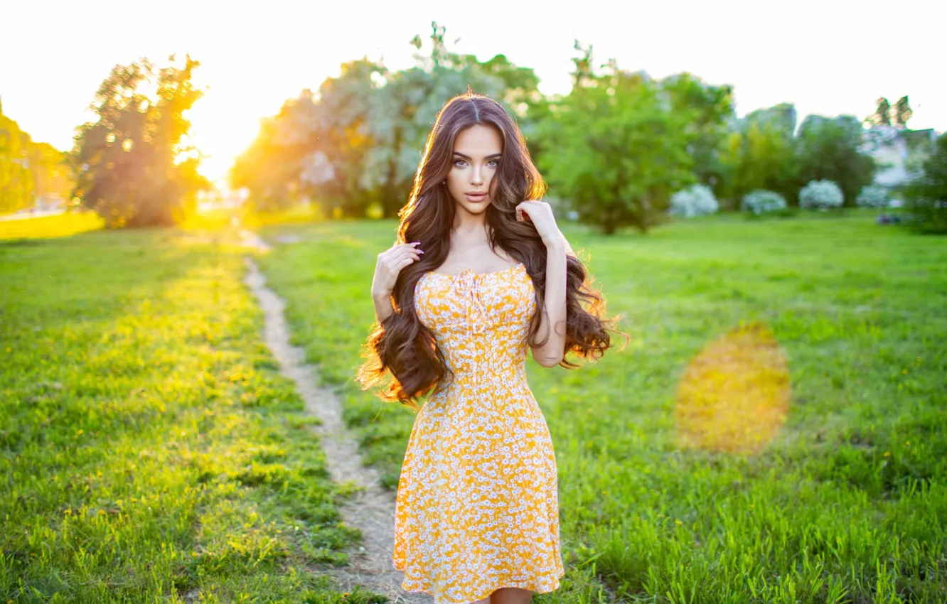 Photo wallpaper look, sunset, nature, dress, brunette, long hair, Ruslan Duke, Anastasia Taylakova