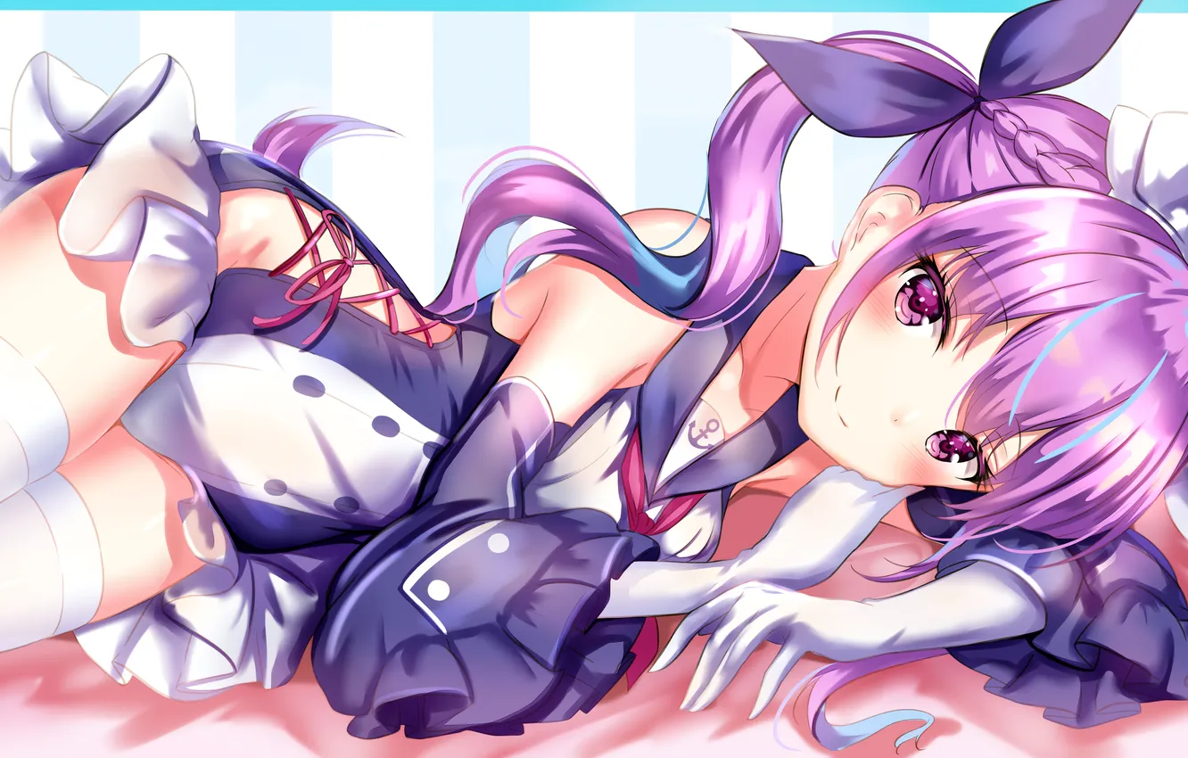 Photo wallpaper girl, sexy, thighhighs, long hair, anime, beautiful, twintails, purple eyes