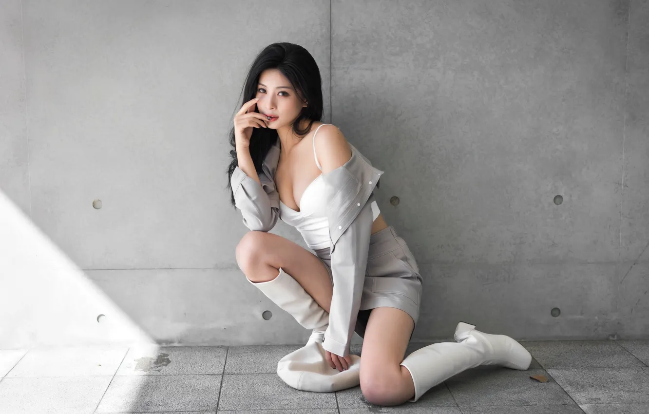 Photo wallpaper pose, skirt, jacket, topic, legs, Asian, boots
