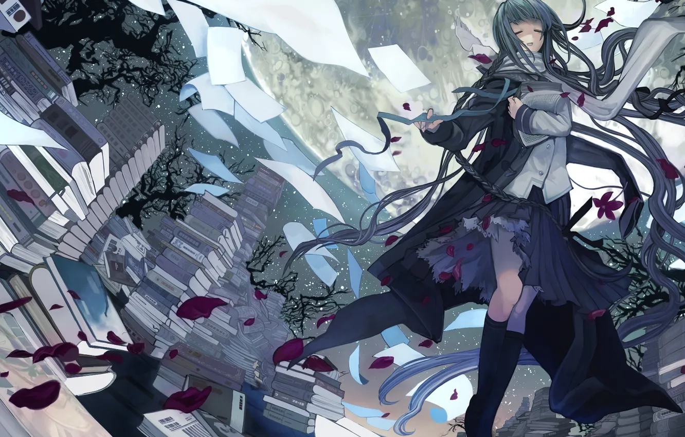 Photo wallpaper girl, the moon, petals, book, Bungaku Shoujo