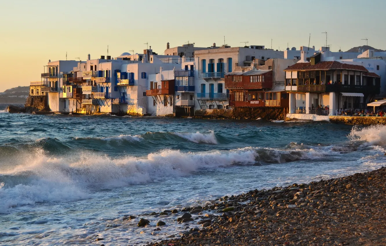 Photo wallpaper sea, wave, the city, photo, coast, Greece, surf, Mykonos