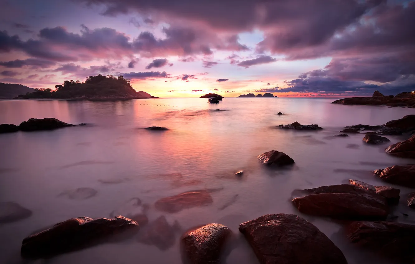 Photo wallpaper sea, sunset, stones, lilac