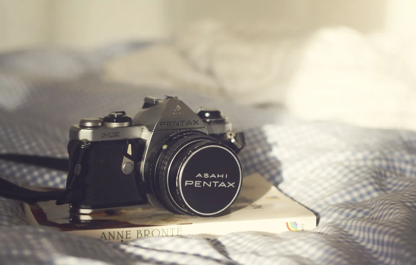 Photo wallpaper camera, book, bed, bedroom, sunlight, Pentax
