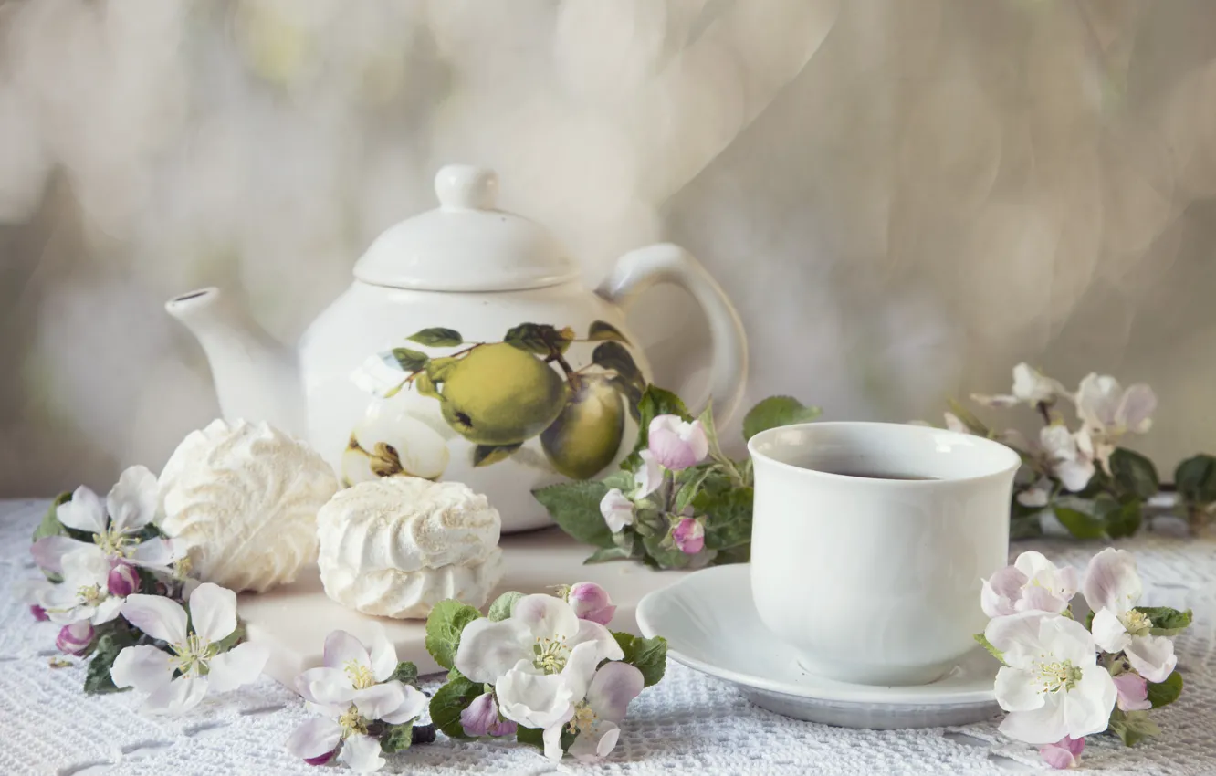 Photo wallpaper flowers, tea, composition, marshmallows, Ellygri