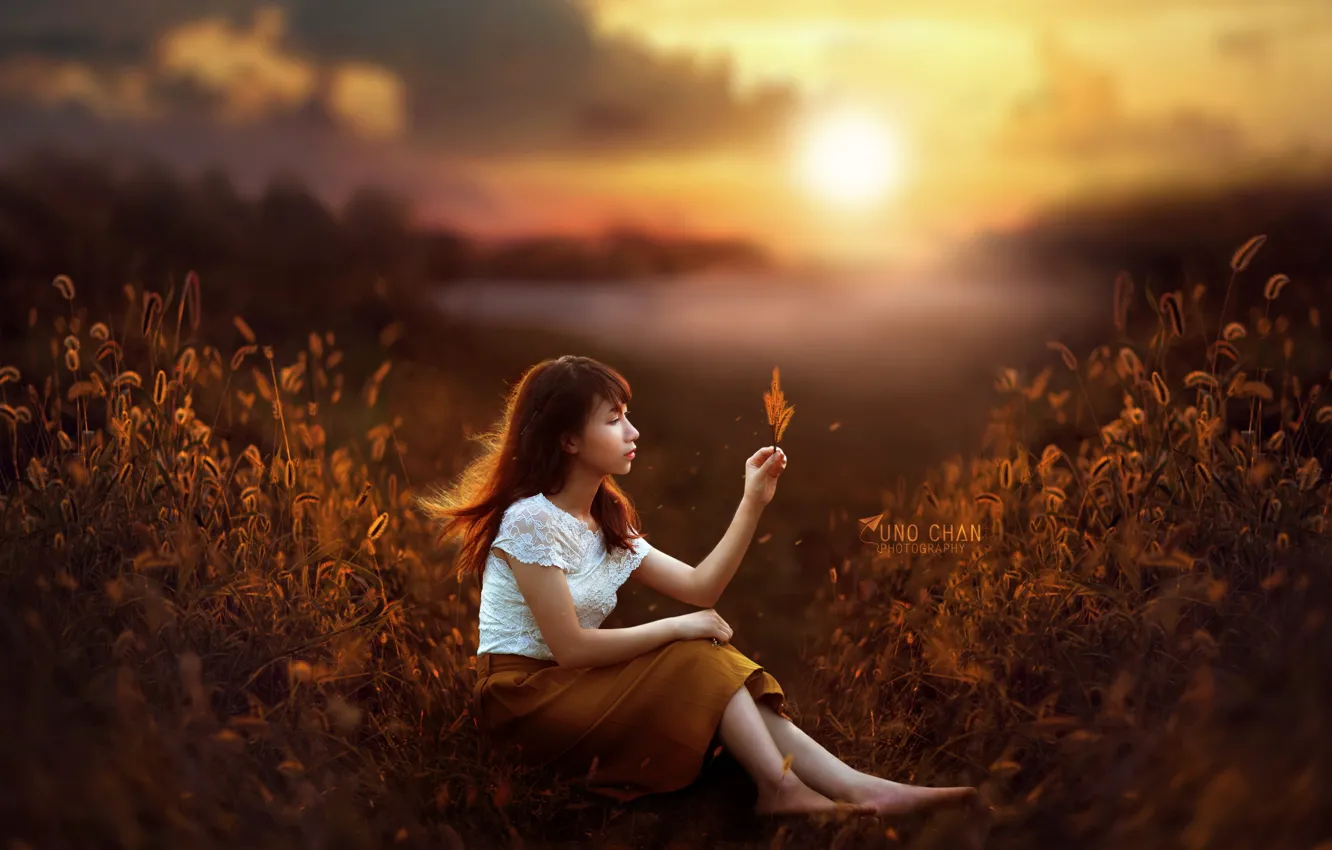 Photo wallpaper autumn, sunset, girl
