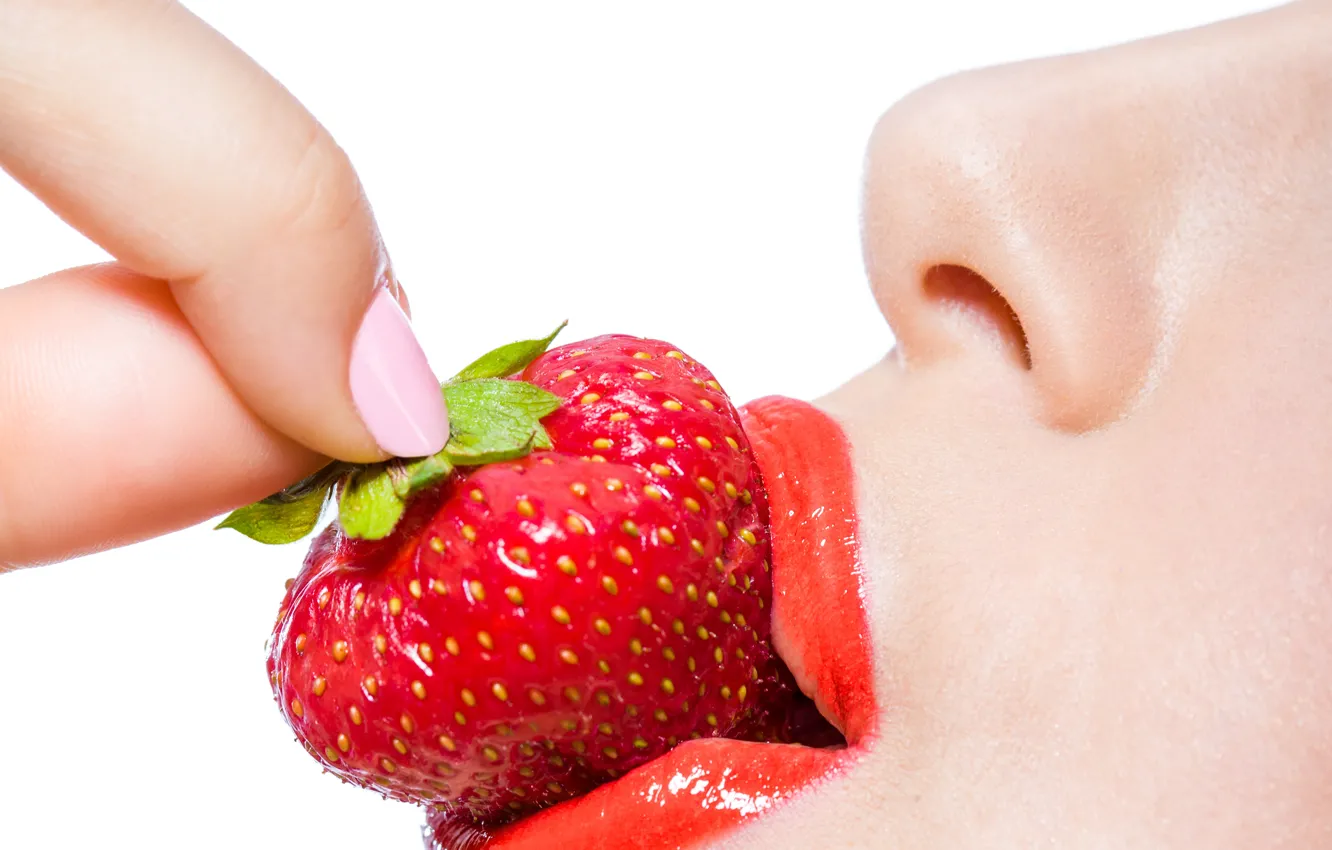 Photo wallpaper girl, face, hands, nose, lipstick, strawberry, lips, white background