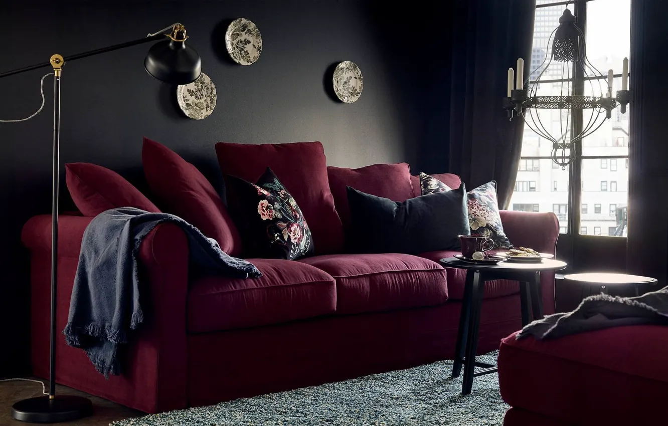 Photo wallpaper design, style, room, interior, sofa, living room, black color in the interior