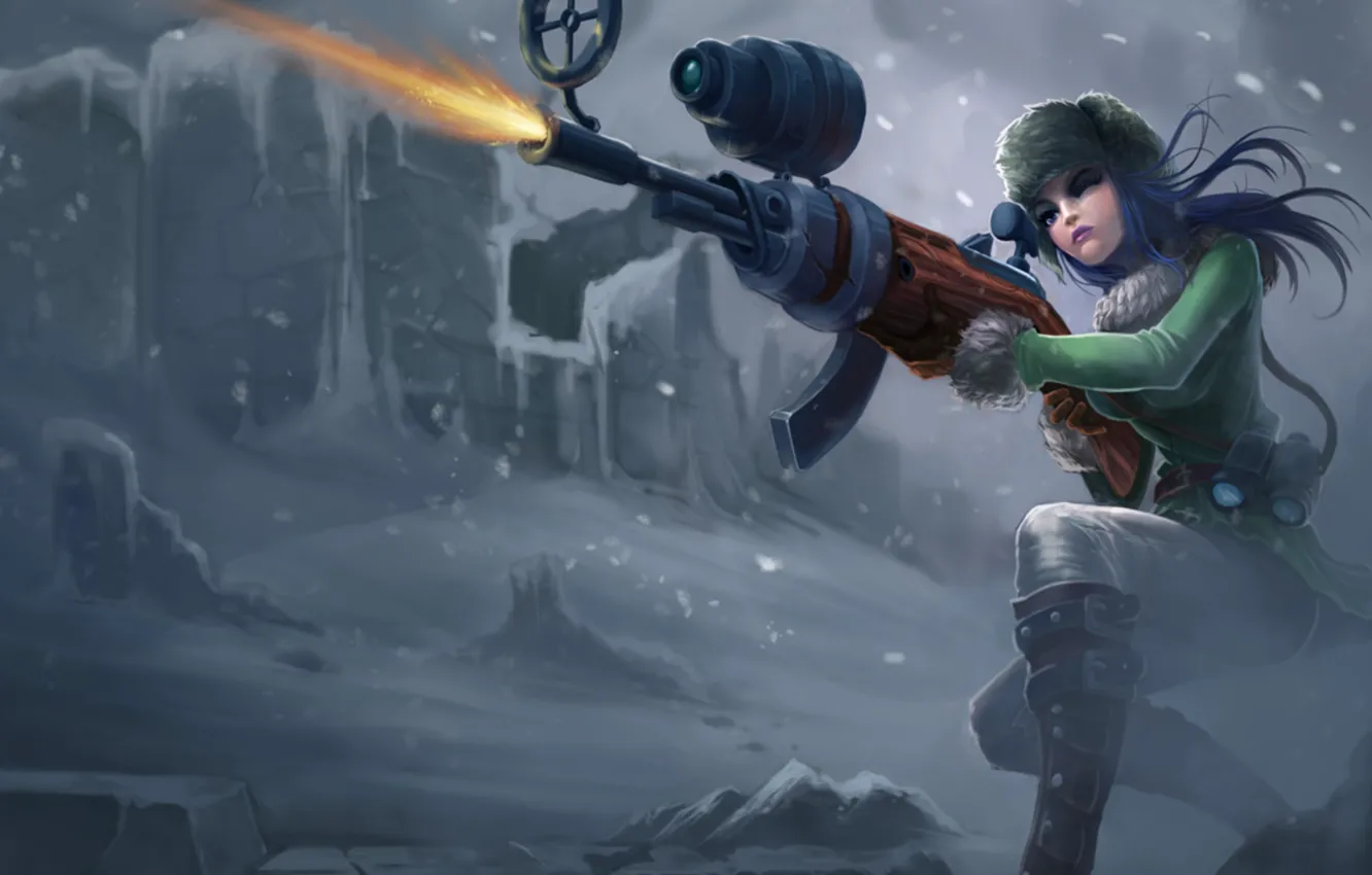 Photo wallpaper winter, girl, snow, weapons, shooting, league of legends, Caitlyn officer