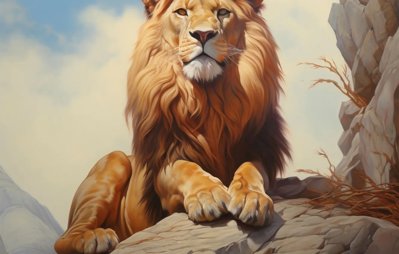 Photo wallpaper look, face, stones, predator, Leo, big cat, digital art, AI art