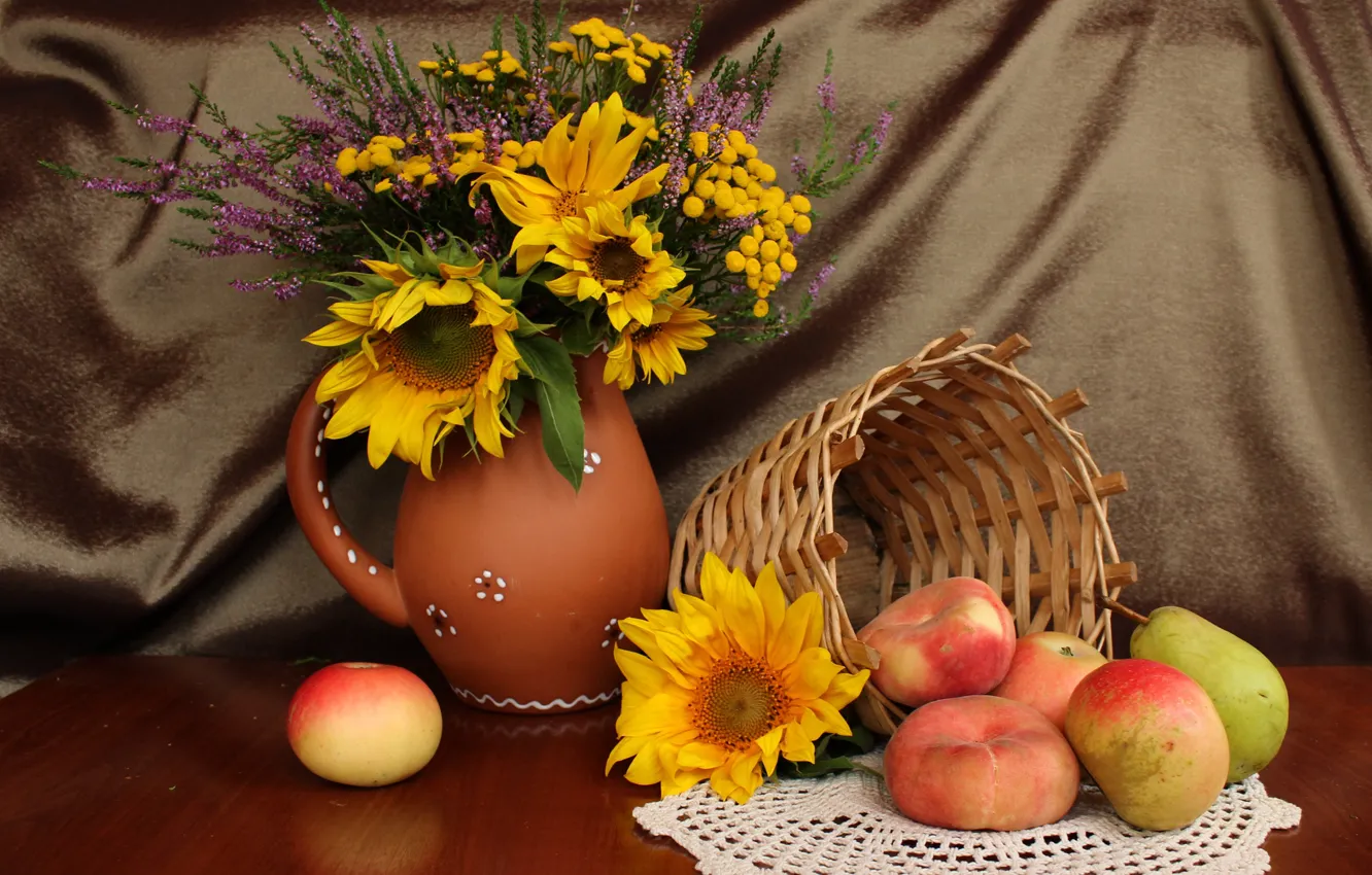 Photo wallpaper sunflowers, table, basket, apples, vase, fruit, still life, peaches