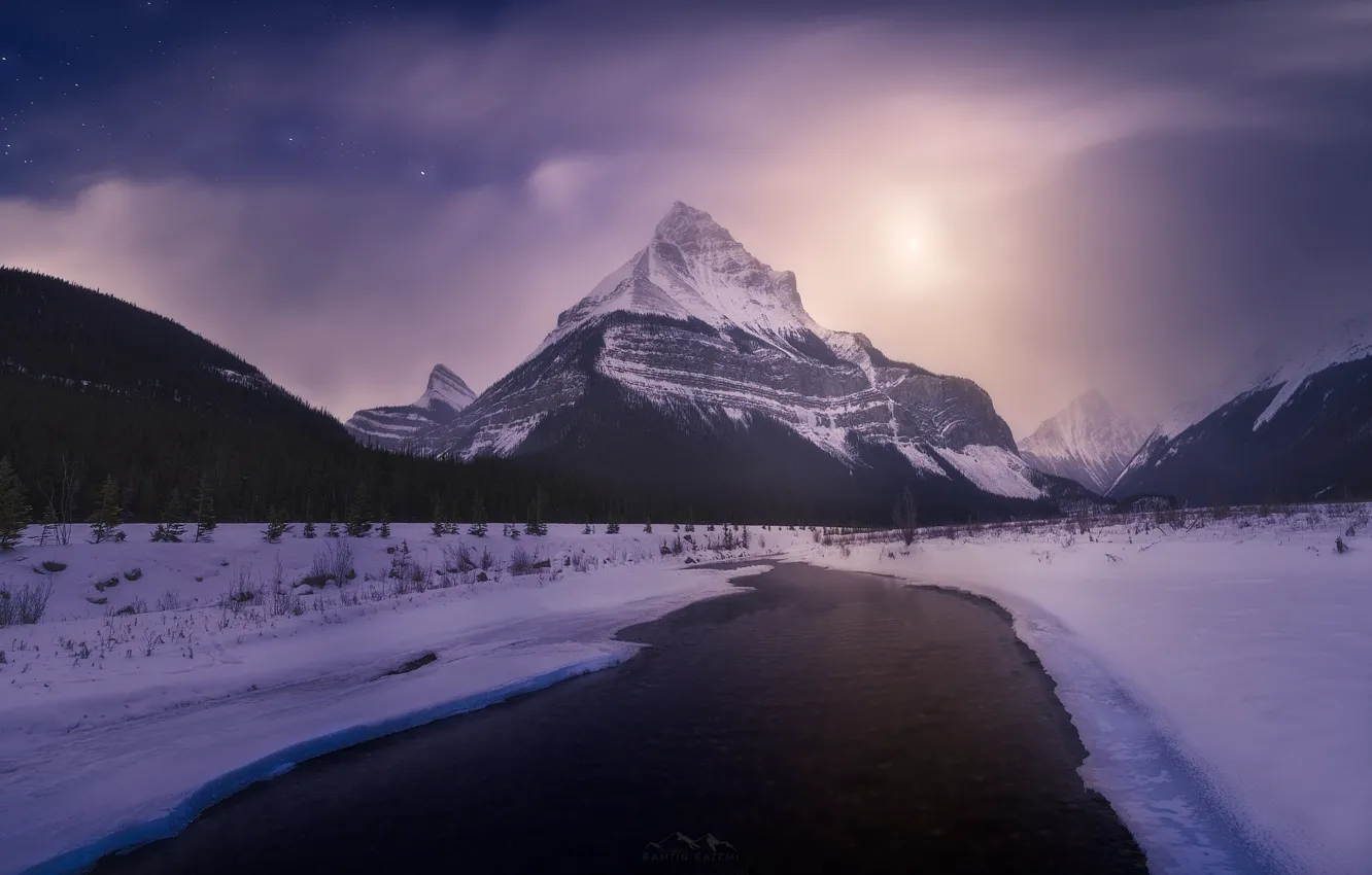 Photo wallpaper winter, stars, snow, mountains, night, river