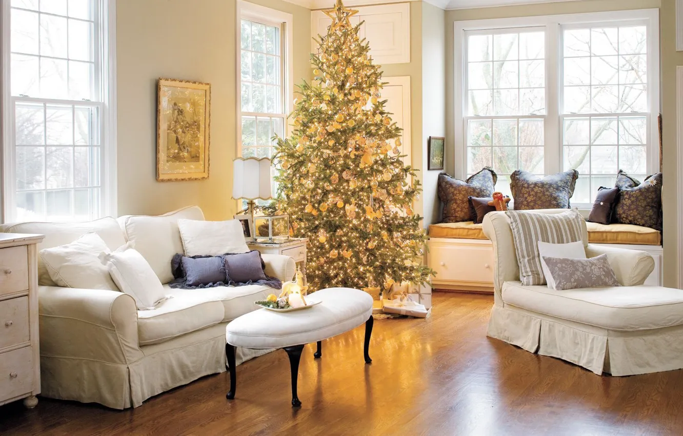 Photo wallpaper decoration, comfort, tree, New Year, Christmas, gifts, living room