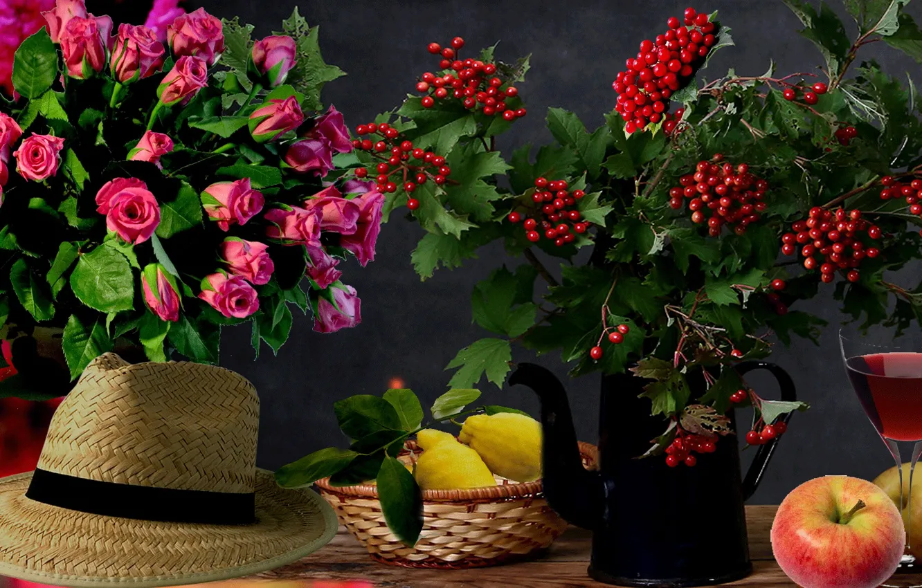 Photo wallpaper lemon, apples, hat, Roses, still life, Kalina