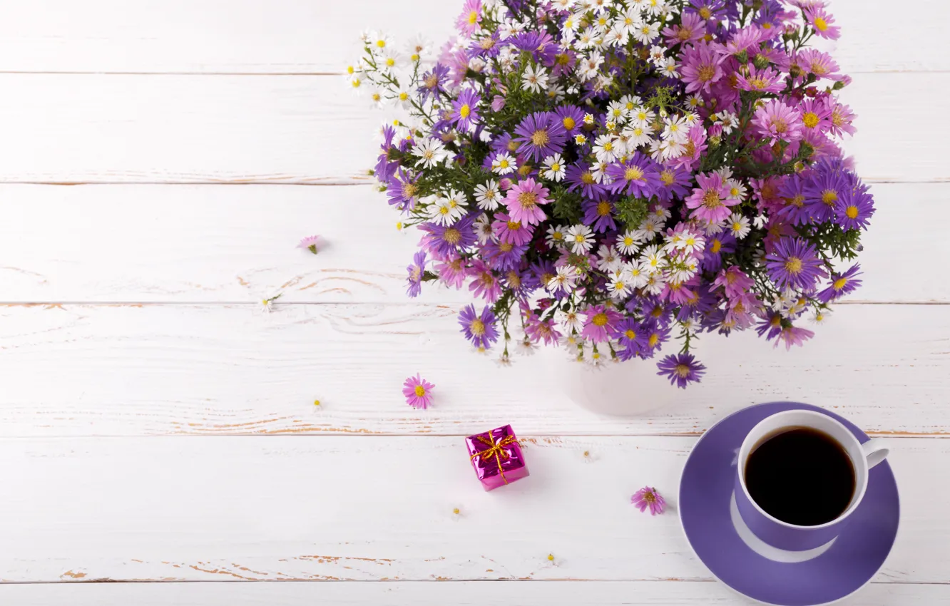 Photo wallpaper flowers, coffee, bouquet, Cup, asters