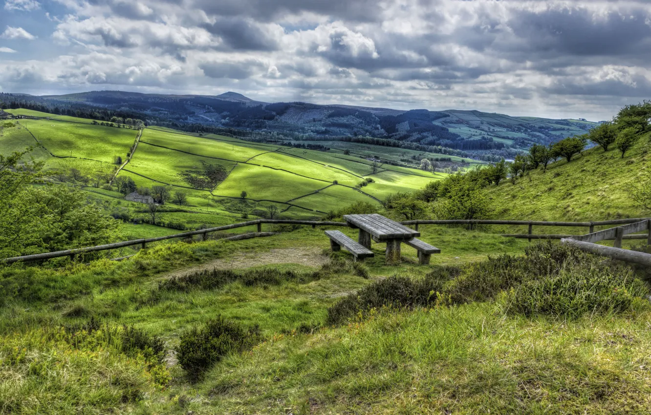 Photo wallpaper grass, clouds, nature, table, hills, shop, UK