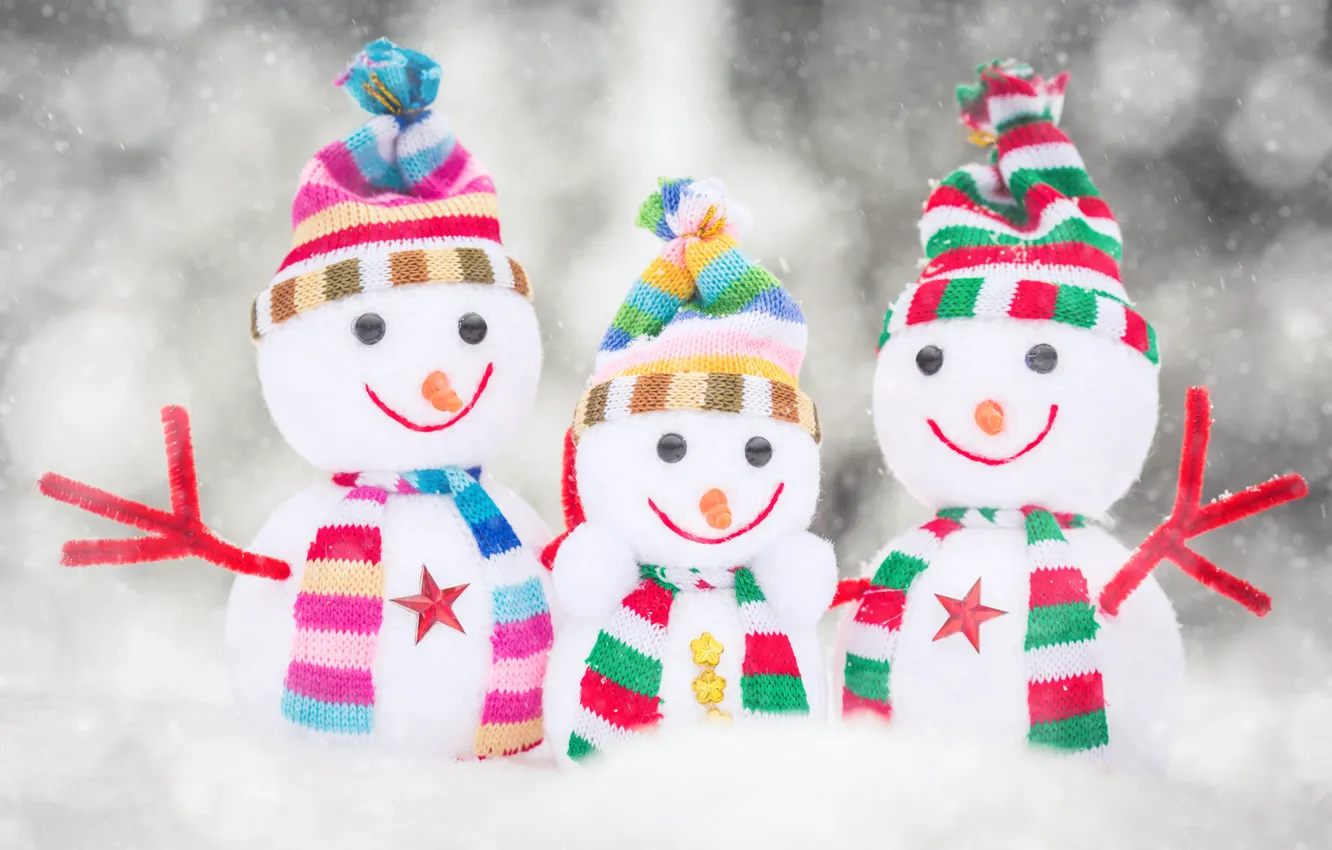 Photo wallpaper winter, snow, snowflakes, hat, colorful, scarf, snowmen, happy