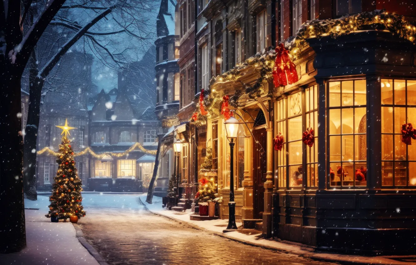 Photo wallpaper winter, snow, decoration, night, the city, lights, street, tree