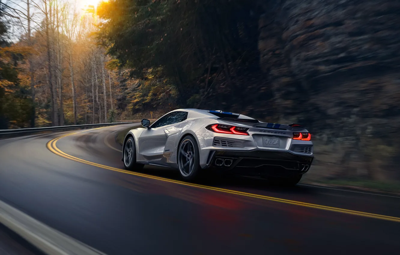 Photo wallpaper road, forest, rocks, Corvette, Chevrolet, 2024, Chevrolet Corvette E-Ray, E-Ray