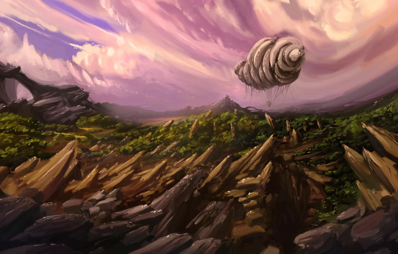 Photo wallpaper clouds, rocks, art, the airship