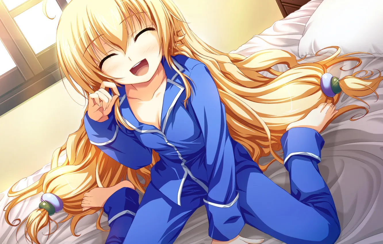 Photo wallpaper look, girl, joy, bed, pajamas, art, tomose shunsaku, Akatsuki no Goer