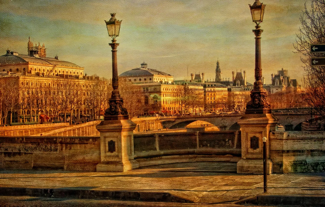 Photo wallpaper autumn, the sky, bridge, river, France, Paris, home, lights