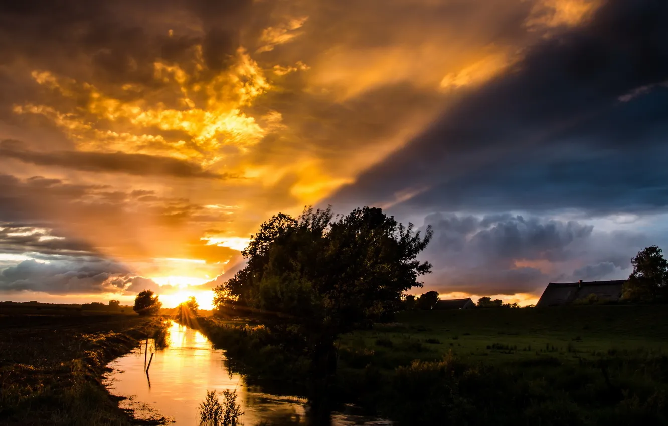 Photo wallpaper field, landscape, sunset, river