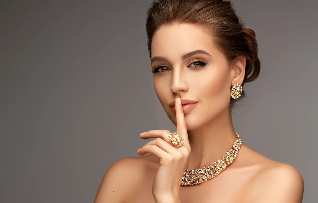 Photo wallpaper look, decoration, face, woman, portrait, earrings, ring, hairstyle