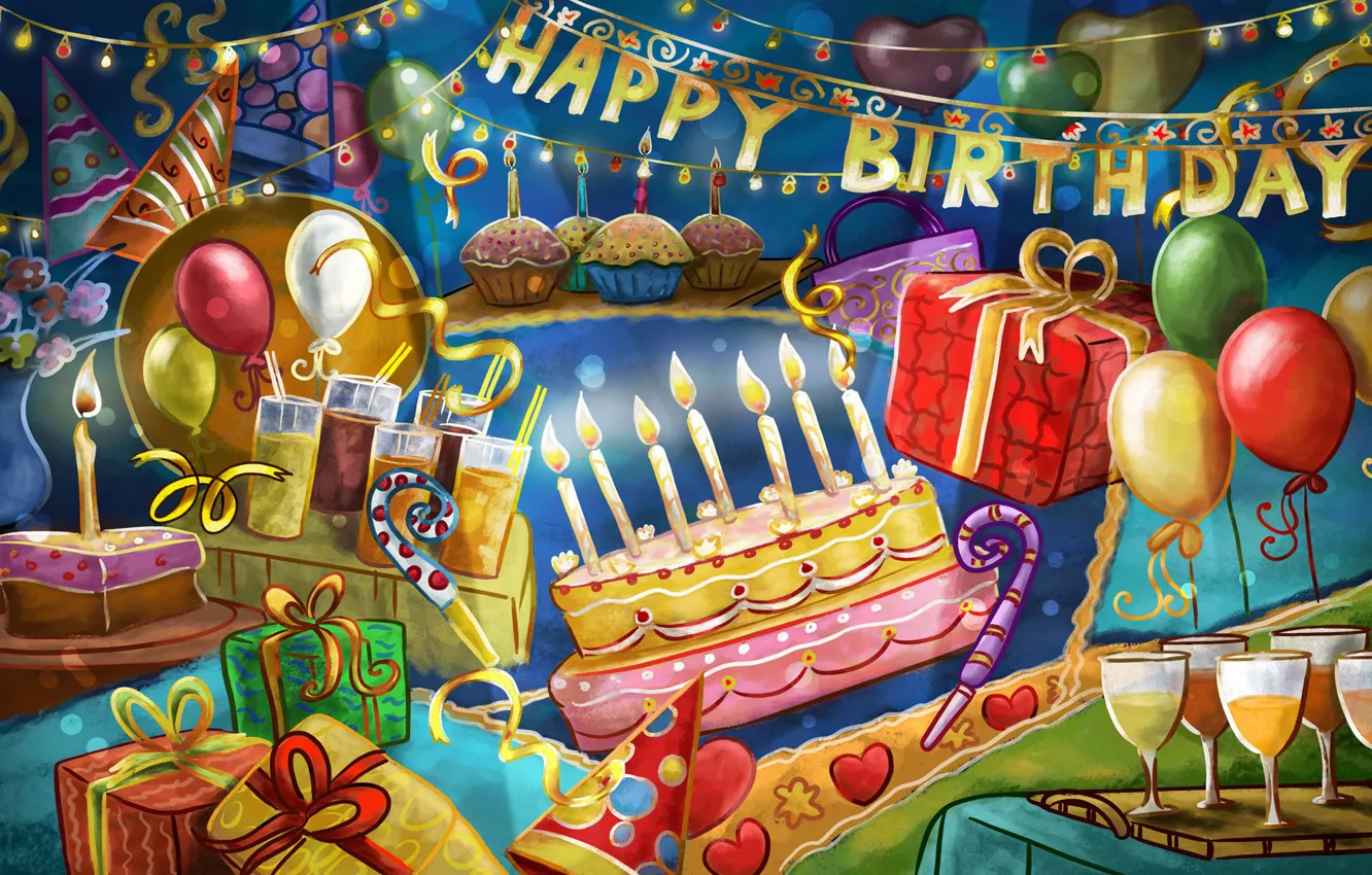 Photo wallpaper balls, birthday, holiday, gifts, cake, happy, congratulations, birthday