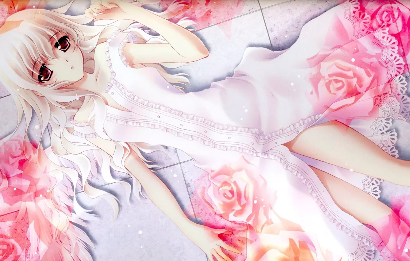 Photo wallpaper look, girl, roses, floor, lies, long hair, sundress, big eyes