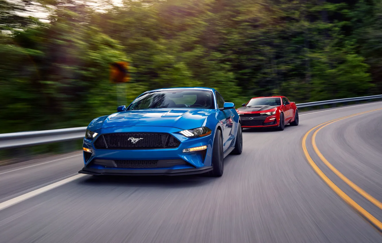Photo wallpaper speed, Ford, Chevrolet, Camaro SS, Mustang GT, 2019, Performance Pack