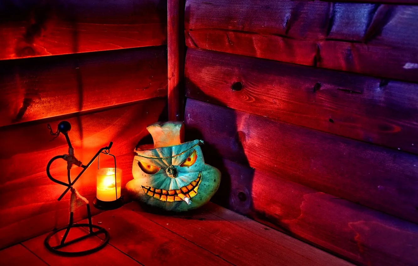 Photo wallpaper halloween, cigarette, pumpkin, candle, hut