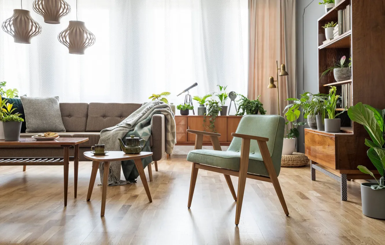 Photo wallpaper flowers, design, style, interior, chair, sofa, living room