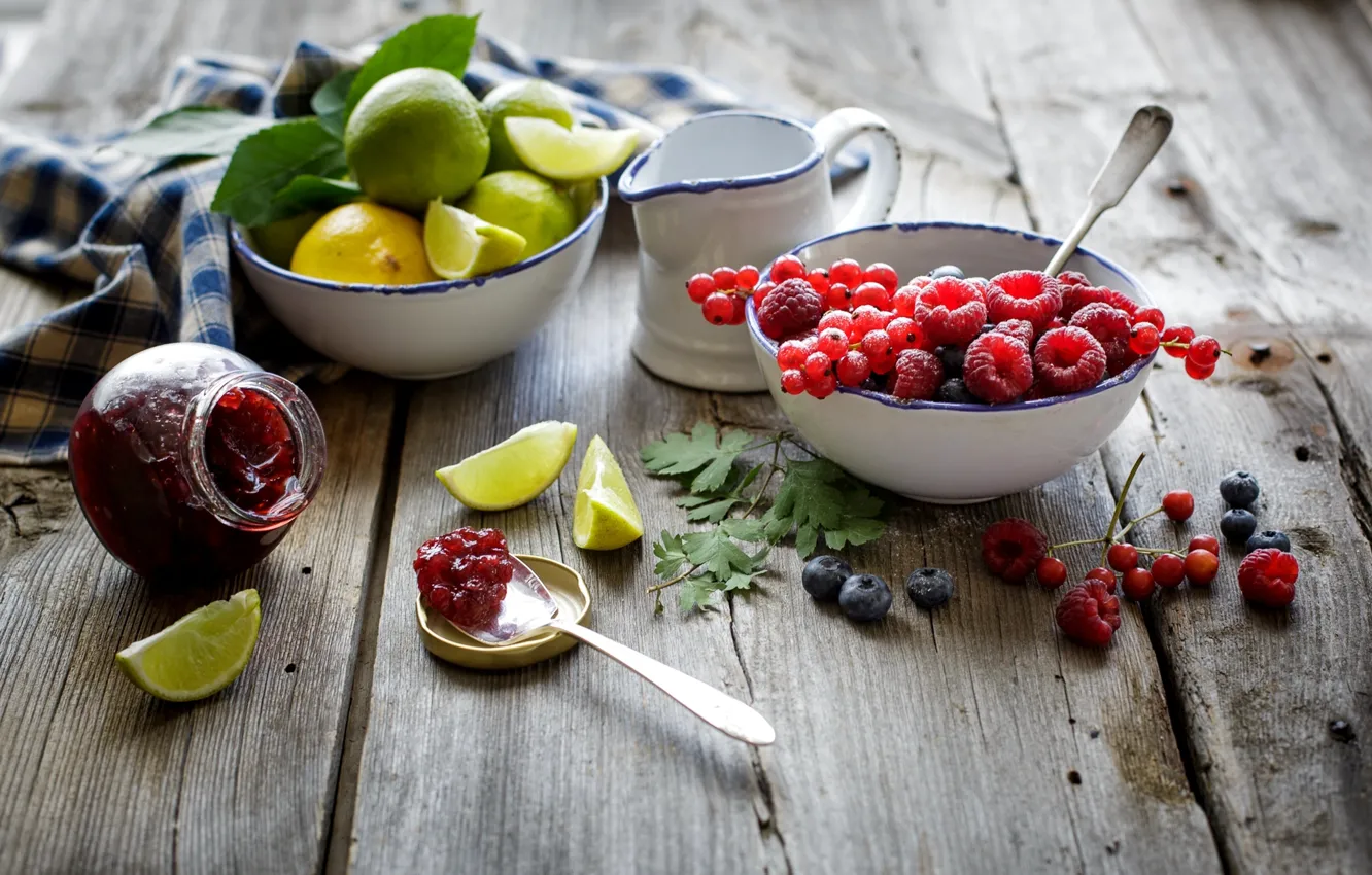 Photo wallpaper berries, raspberry, lemon, blueberries, spoon, lime, fruit, red