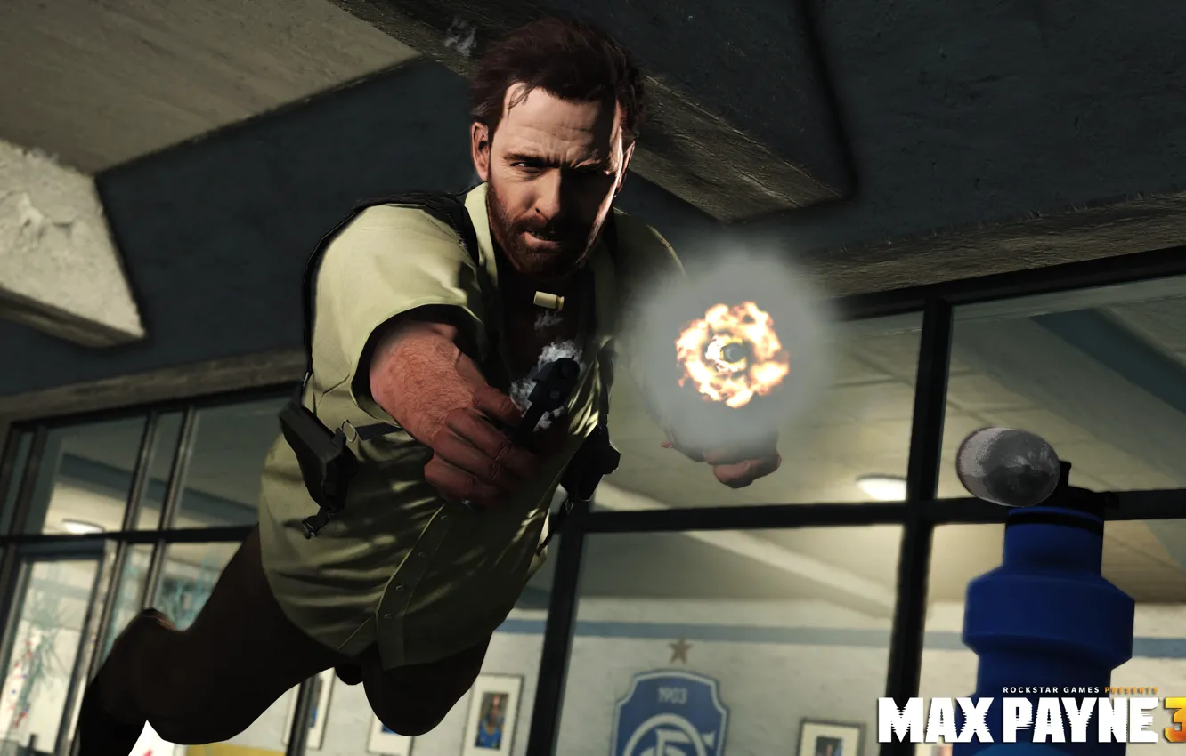 Photo wallpaper flight, guns, shooting, game, Max Payne 3, Bullet Time, Max Payne