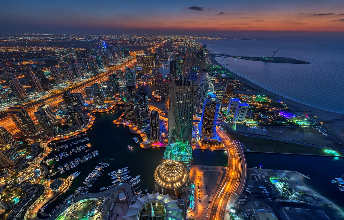 Photo wallpaper skyscrapers, megapolis, lights, Marina, night, road, the night sky, architecture