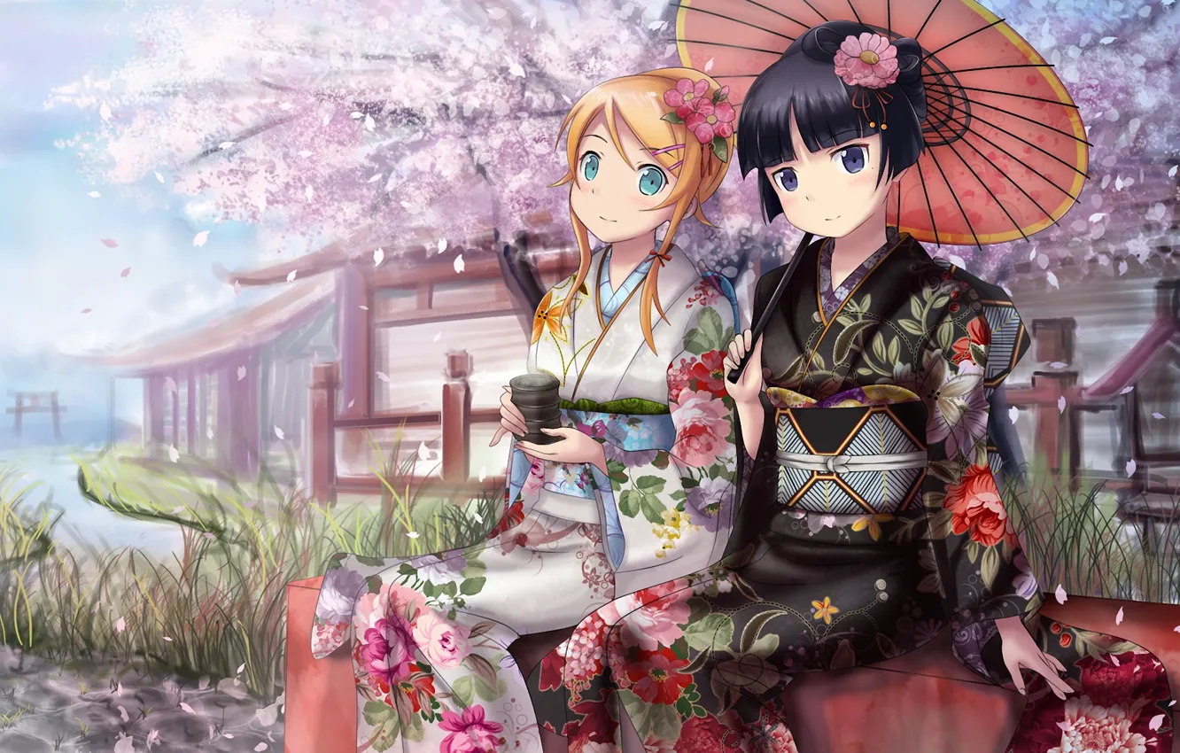 Photo wallpaper river, umbrella, girls, tea, umbrella, petals, Sakura, kimono