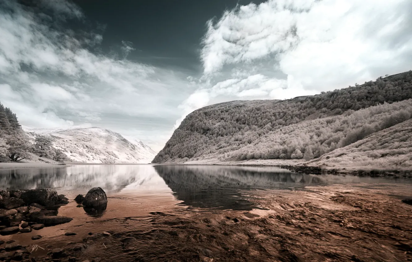 Photo wallpaper landscape, mountains, lake, style, color