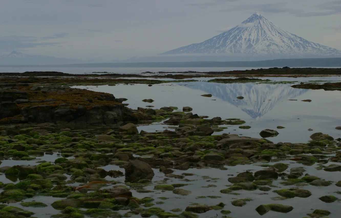 Photo wallpaper sea, nature, reflection, stones, photo, mountain, moss, Kamchatka