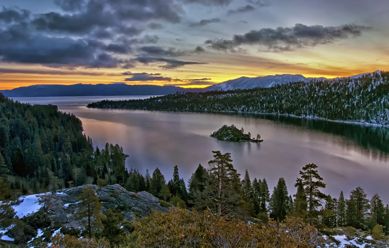 Photo wallpaper forest, clouds, snow, trees, sunset, river, rocks, coniferous