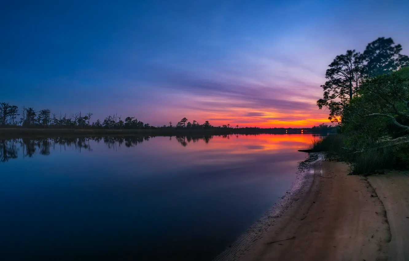 Photo wallpaper trees, sunset, reflection, shore, the evening, twilight, pond