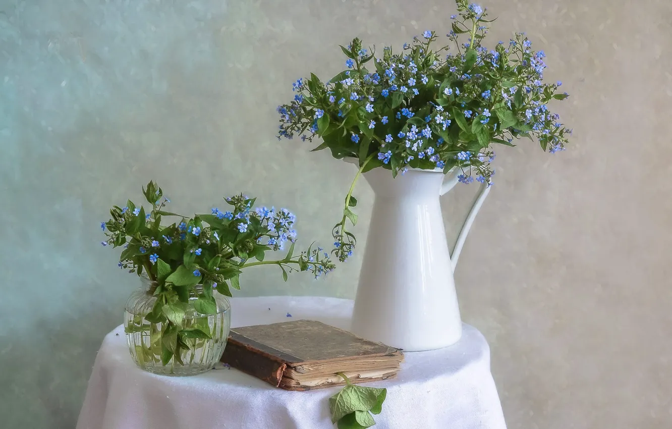 Photo wallpaper flowers, blue, bouquet, spring, book, vase, pitcher, still life