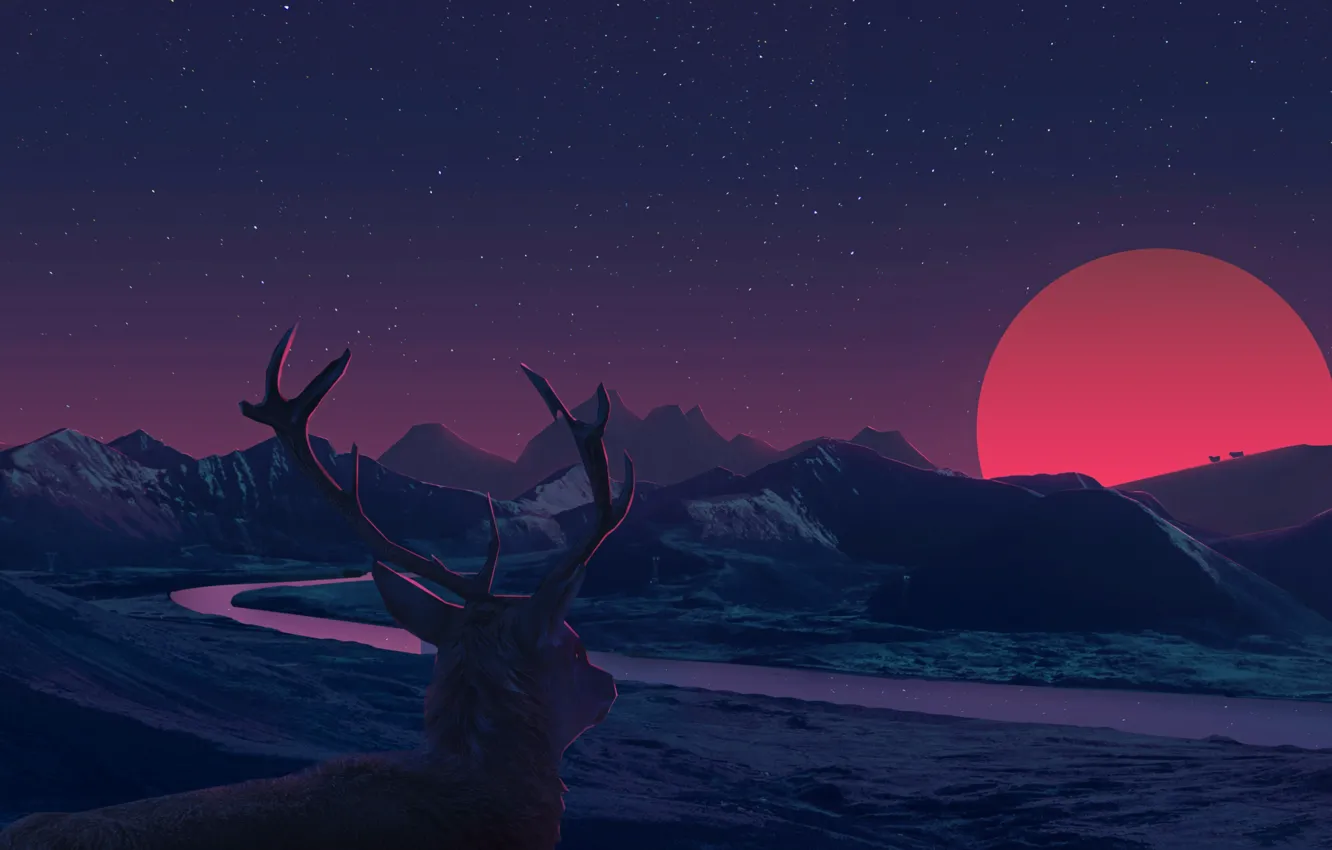 Photo wallpaper sunset, deer, horns