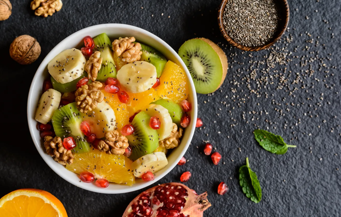 Photo wallpaper orange, Breakfast, kiwi, fruit, nuts, banana, garnet, fruit salad