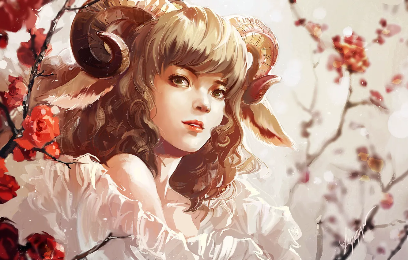 Photo wallpaper look, girl, art, horns, painting
