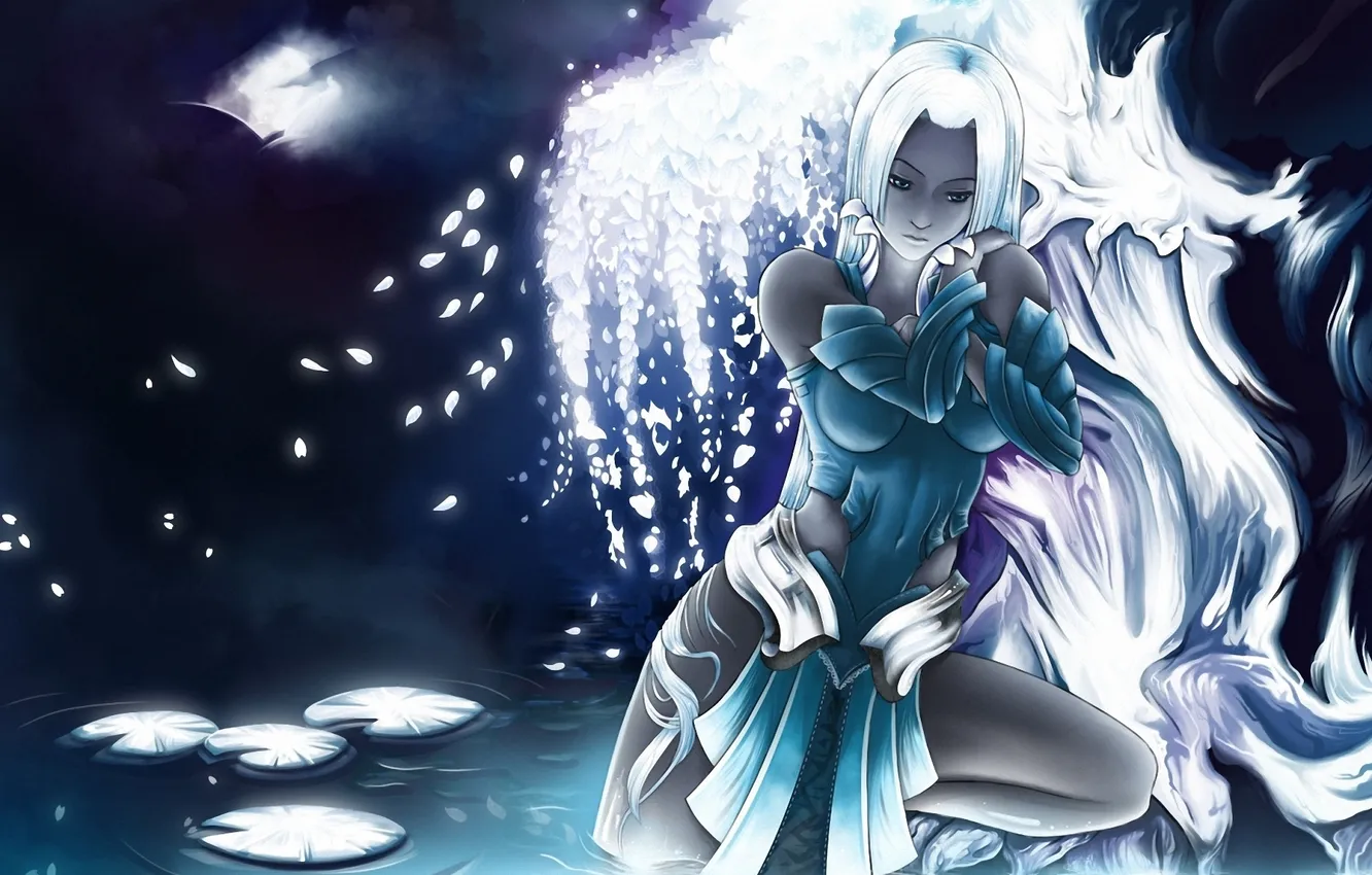 Photo wallpaper sadness, leaves, girl, trees, pond, round, petals, art